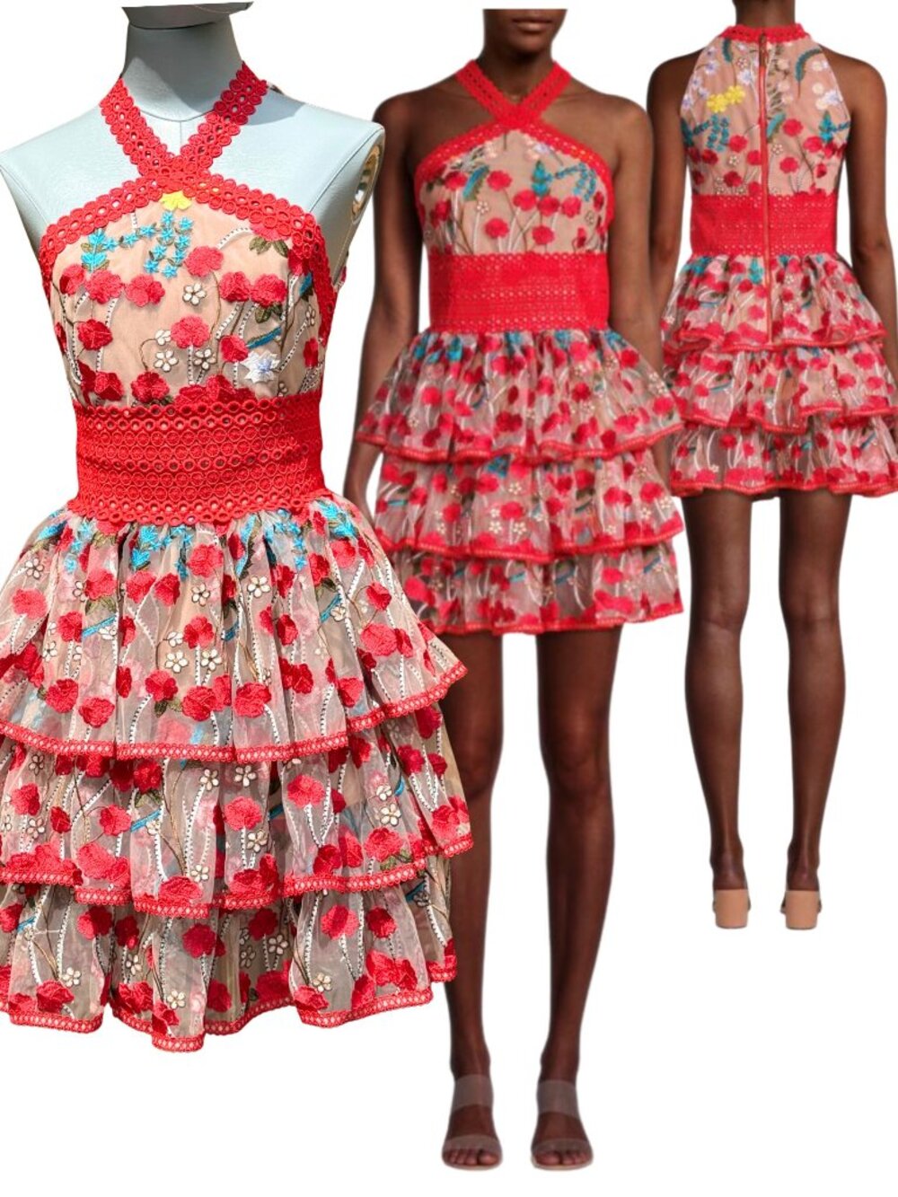 🆕 BRONX & BANCO 🧿 NWOT Ivanka Embroidered Red Ruffled Mini Dress, Sz XS US 2